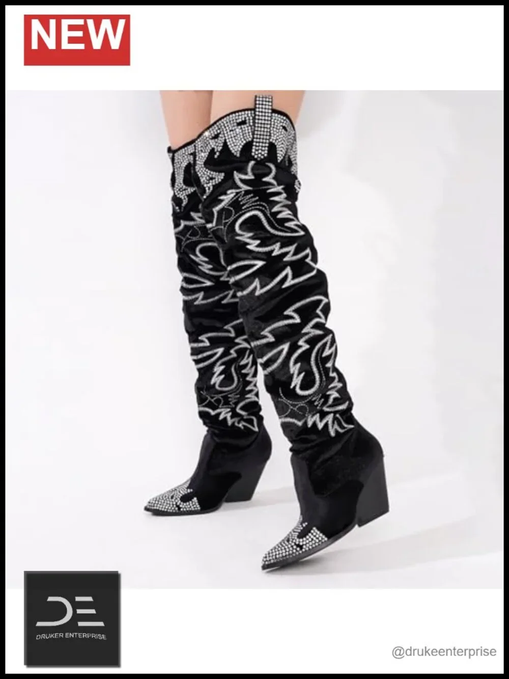Rhinestone Embroidered Wide Calf Thigh High Slouchy Over The Knee Boots with
